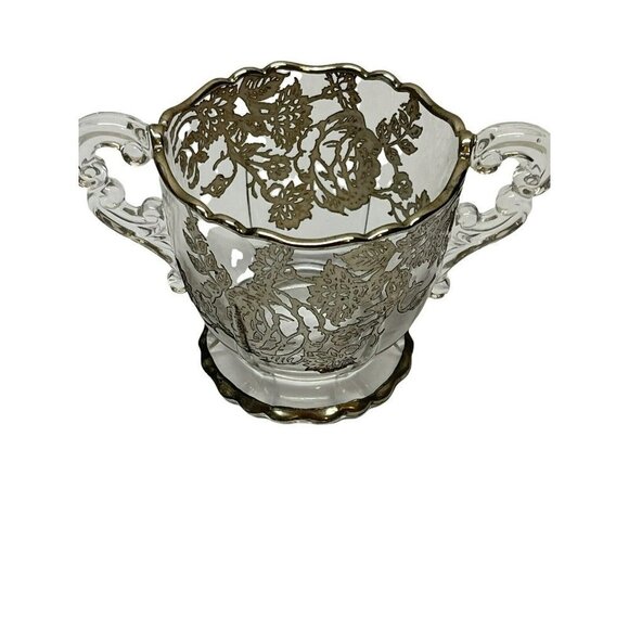 Vintage Glass Silver Overlay Grapes & Leaves Sugar Bowl - Picture 1 of 7
